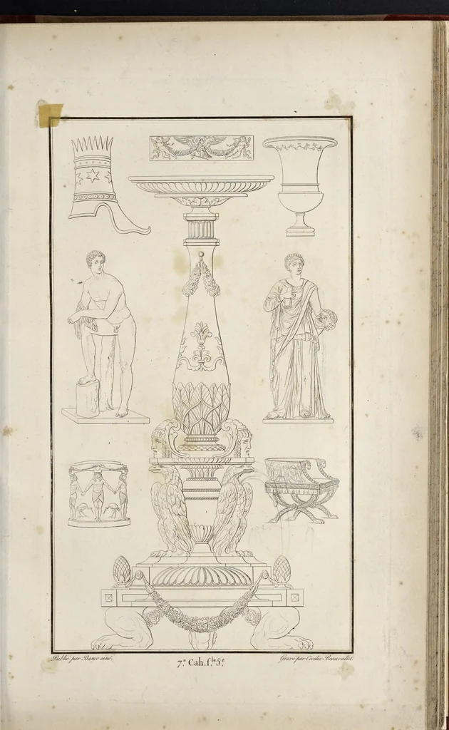An illustration from Fragmens d'architecture, sculpture et peinture, dans le style antique : ouvrage dans lequel on trouvera toutes sortes de détails relatifs à la décoration intérieure et extérieure des édifices : composés ou recueillis, et gravés au trait, 1804, leaf 94