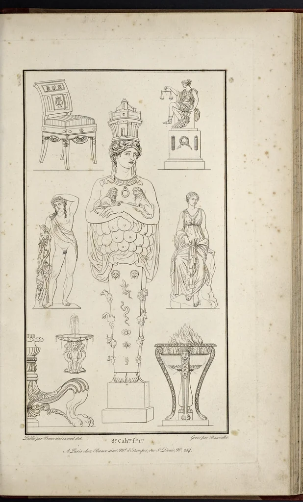An illustration from Fragmens d'architecture, sculpture et peinture, dans le style antique : ouvrage dans lequel on trouvera toutes sortes de détails relatifs à la décoration intérieure et extérieure des édifices : composés ou recueillis, et gravés au trait, 1804, leaf 98