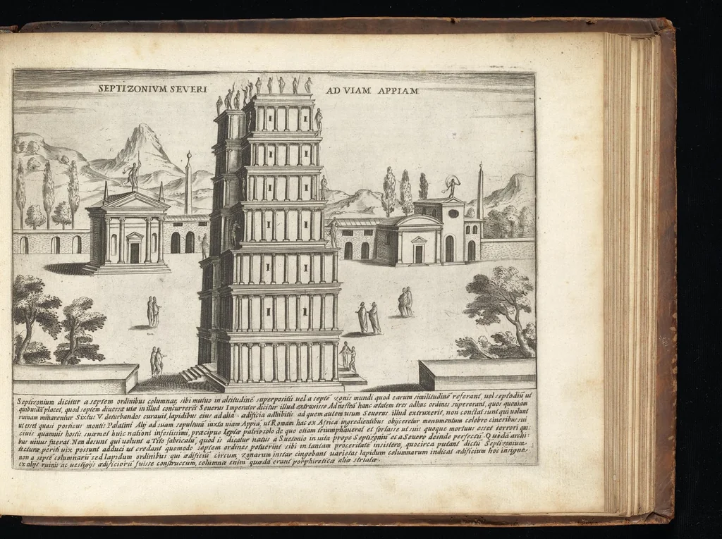 An illustration from Roma vetus et noua : aedificia eius praecipua suisquaeque locis, vt Capitolium, templa, amphitheatra, theatra, circi, naumachia, arcus triumphales, curiae, basilica, columnae, obelisci, palatia, thermae, hippodromi, aquaeducus, horti seu nemora, festa varia, venationes in theat[r]is, colossi, funebria, relationes in numeru[um] falsor[um] deoru[m], imperator[um], funera, sacrificia antiqua .., 1615, leaf 122