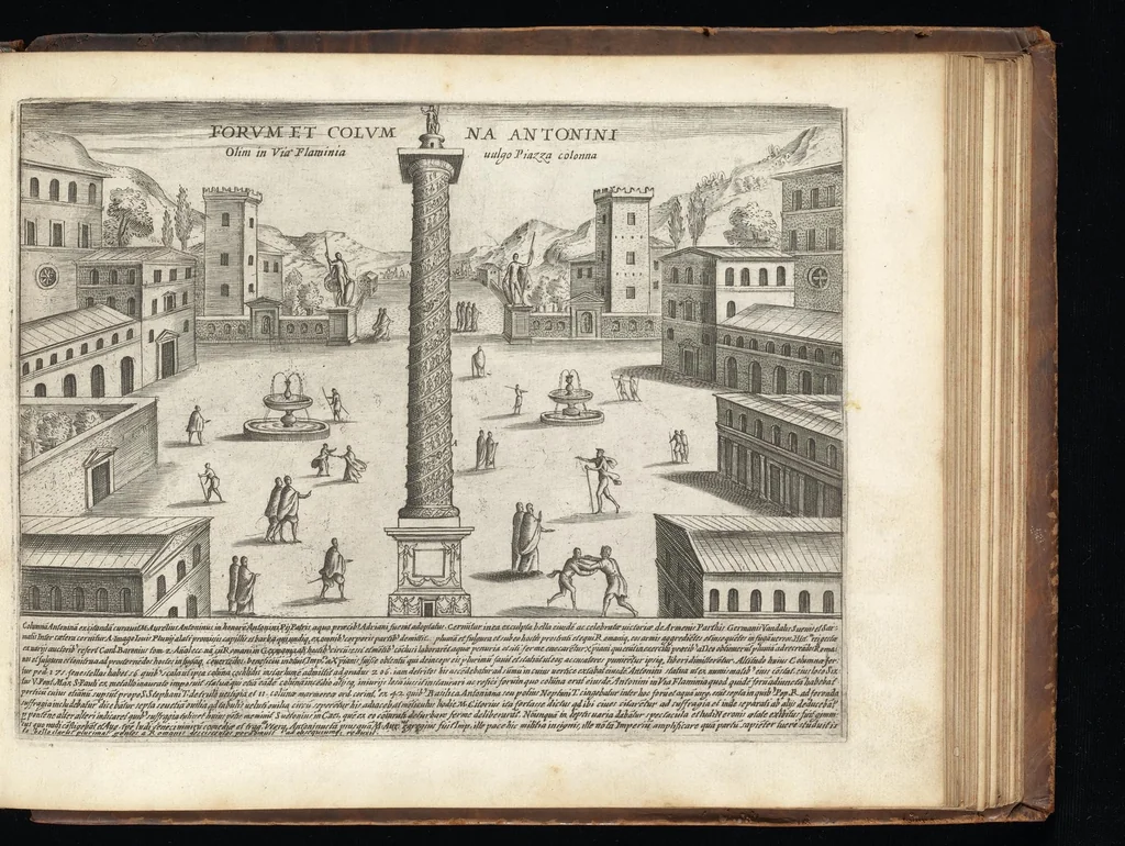 An illustration from Roma vetus et noua : aedificia eius praecipua suisquaeque locis, vt Capitolium, templa, amphitheatra, theatra, circi, naumachia, arcus triumphales, curiae, basilica, columnae, obelisci, palatia, thermae, hippodromi, aquaeducus, horti seu nemora, festa varia, venationes in theat[r]is, colossi, funebria, relationes in numeru[um] falsor[um] deoru[m], imperator[um], funera, sacrificia antiqua .., 1615, leaf 132