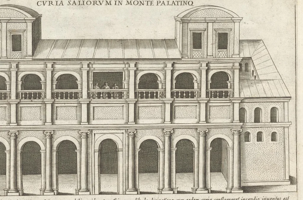 An illustration from Roma vetus et noua : aedificia eius praecipua suisquaeque locis, vt Capitolium, templa, amphitheatra, theatra, circi, naumachia, arcus triumphales, curiae, basilica, columnae, obelisci, palatia, thermae, hippodromi, aquaeducus, horti seu nemora, festa varia, venationes in theat[r]is, colossi, funebria, relationes in numeru[um] falsor[um] deoru[m], imperator[um], funera, sacrificia antiqua .., 1615, leaf 202