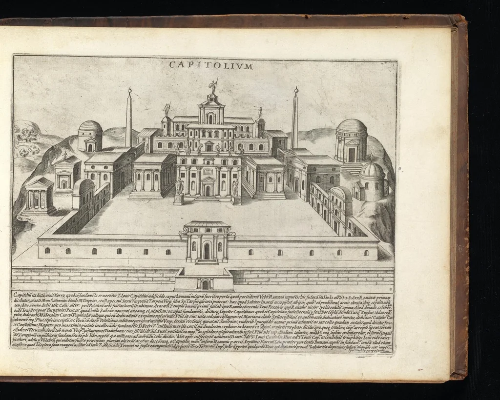 An illustration from Roma vetus et noua : aedificia eius praecipua suisquaeque locis, vt Capitolium, templa, amphitheatra, theatra, circi, naumachia, arcus triumphales, curiae, basilica, columnae, obelisci, palatia, thermae, hippodromi, aquaeducus, horti seu nemora, festa varia, venationes in theat[r]is, colossi, funebria, relationes in numeru[um] falsor[um] deoru[m], imperator[um], funera, sacrificia antiqua .., 1615, leaf 40