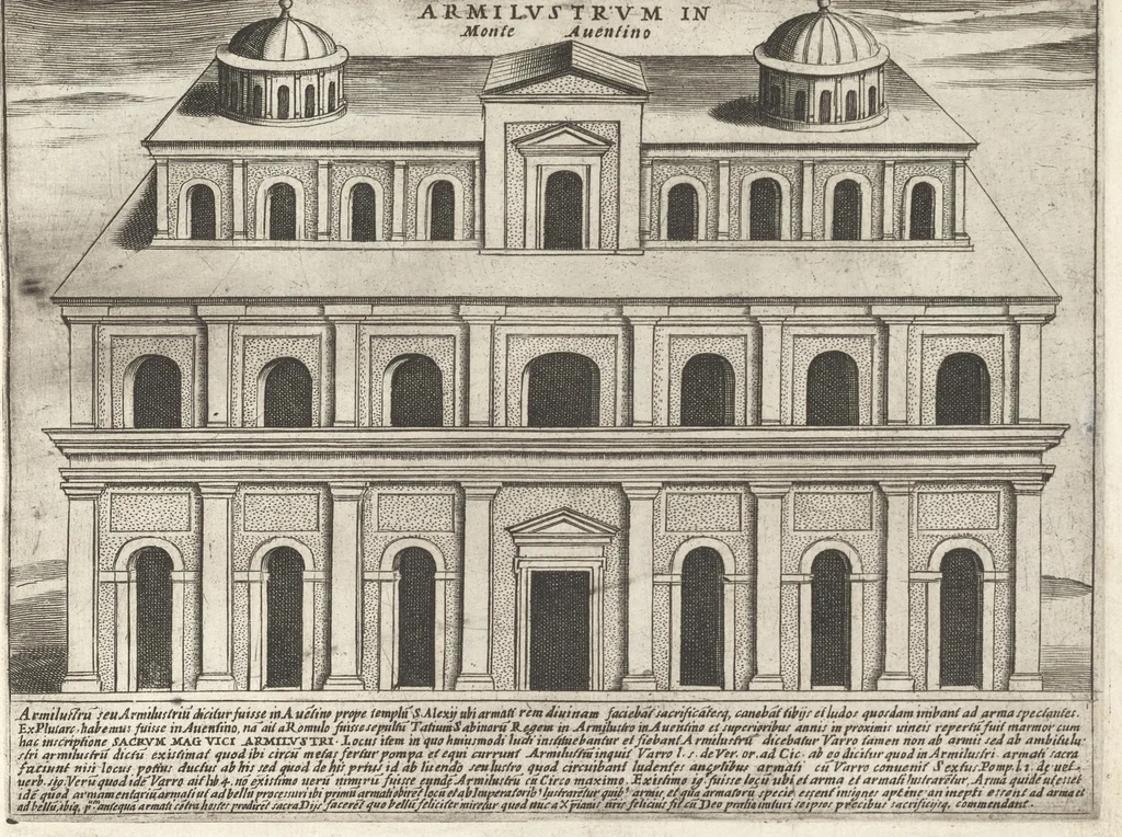 An illustration from Roma vetus et noua : aedificia eius praecipua suisquaeque locis, vt Capitolium, templa, amphitheatra, theatra, circi, naumachia, arcus triumphales, curiae, basilica, columnae, obelisci, palatia, thermae, hippodromi, aquaeducus, horti seu nemora, festa varia, venationes in theat[r]is, colossi, funebria, relationes in numeru[um] falsor[um] deoru[m], imperator[um], funera, sacrificia antiqua .., 1615, leaf 46