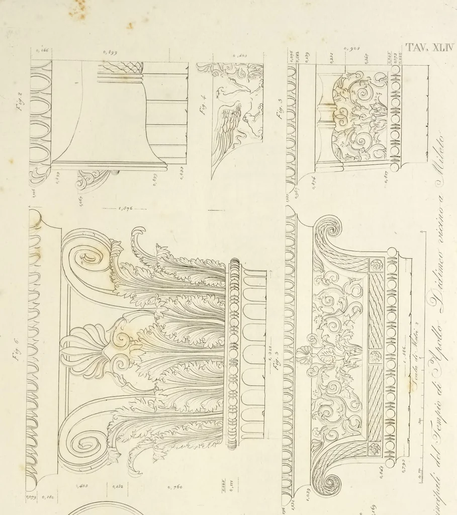An illustration from L'architettura antica descritta e dimostrata coi monumenti ... : opera divisa in tre sezioni risguardanti la storia, la teorica, e le pratiche dell' architettura egiziana, greca e romana, 1830, leaf 106