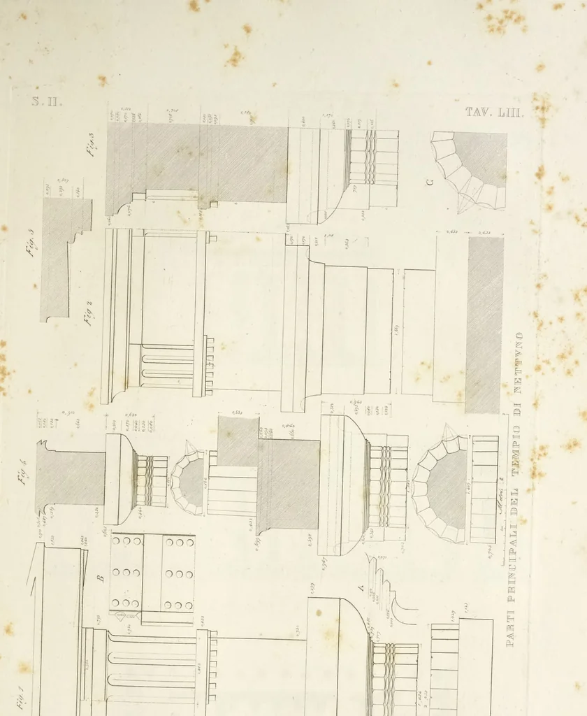 An illustration from L'architettura antica descritta e dimostrata coi monumenti ... : opera divisa in tre sezioni risguardanti la storia, la teorica, e le pratiche dell' architettura egiziana, greca e romana, 1830, leaf 132