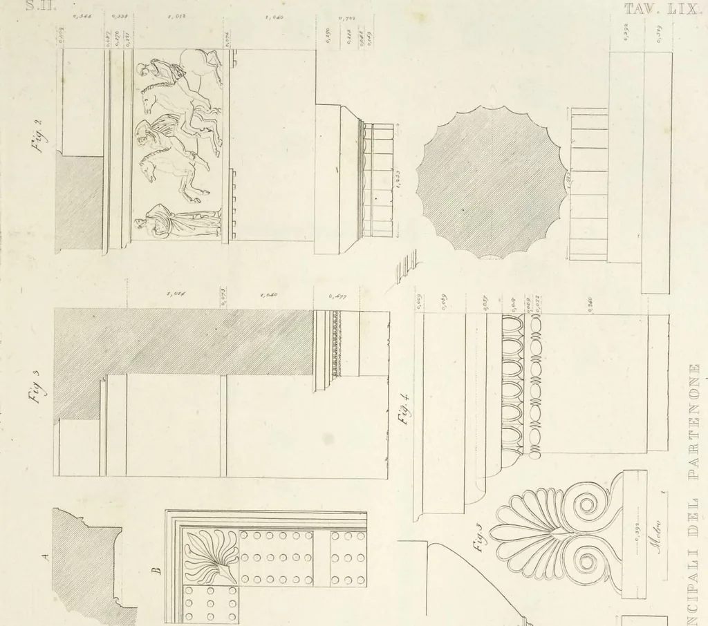 An illustration from L'architettura antica descritta e dimostrata coi monumenti ... : opera divisa in tre sezioni risguardanti la storia, la teorica, e le pratiche dell' architettura egiziana, greca e romana, 1830, leaf 144