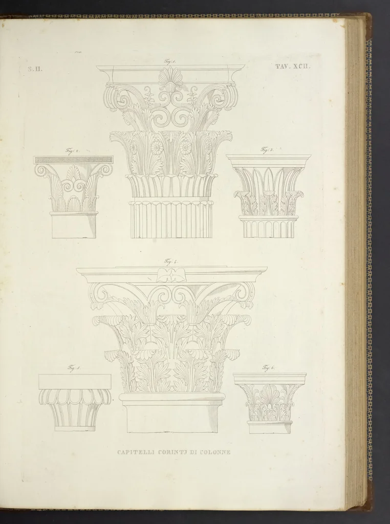An illustration from L'architettura antica descritta e dimostrata coi monumenti ... : opera divisa in tre sezioni risguardanti la storia, la teorica, e le pratiche dell' architettura egiziana, greca e romana, 1830, leaf 214