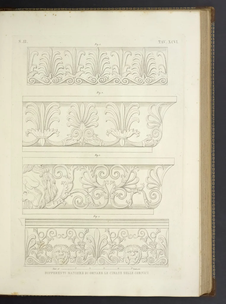 An illustration from L'architettura antica descritta e dimostrata coi monumenti ... : opera divisa in tre sezioni risguardanti la storia, la teorica, e le pratiche dell' architettura egiziana, greca e romana, 1830, leaf 222