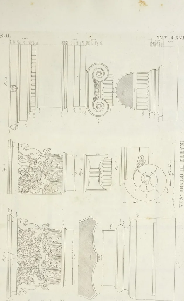 An illustration from L'architettura antica descritta e dimostrata coi monumenti ... : opera divisa in tre sezioni risguardanti la storia, la teorica, e le pratiche dell' architettura egiziana, greca e romana, 1830, leaf 262