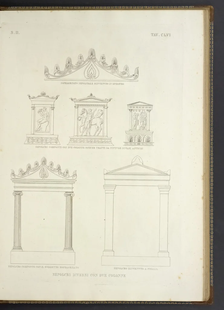 An illustration from L'architettura antica descritta e dimostrata coi monumenti ... : opera divisa in tre sezioni risguardanti la storia, la teorica, e le pratiche dell' architettura egiziana, greca e romana, 1830, leaf 344