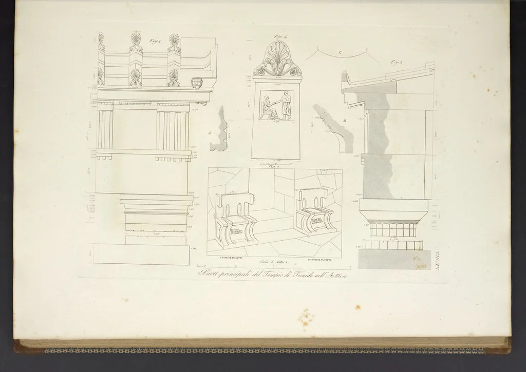 An illustration from L'architettura antica descritta e dimostrata coi monumenti ... : opera divisa in tre sezioni risguardanti la storia, la teorica, e le pratiche dell' architettura egiziana, greca e romana, 1830, leaf 48