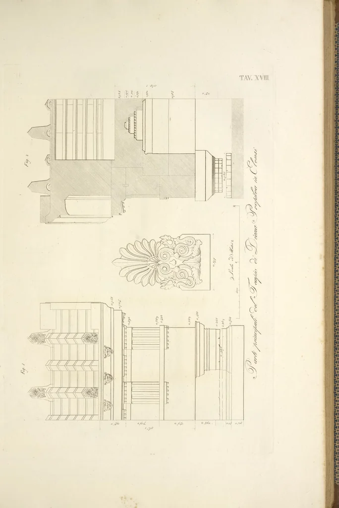 An illustration from L'architettura antica descritta e dimostrata coi monumenti ... : opera divisa in tre sezioni risguardanti la storia, la teorica, e le pratiche dell' architettura egiziana, greca e romana, 1830, leaf 54