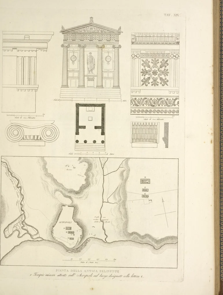 An illustration from L'architettura antica descritta e dimostrata coi monumenti ... : opera divisa in tre sezioni risguardanti la storia, la teorica, e le pratiche dell' architettura egiziana, greca e romana, 1830, leaf 56