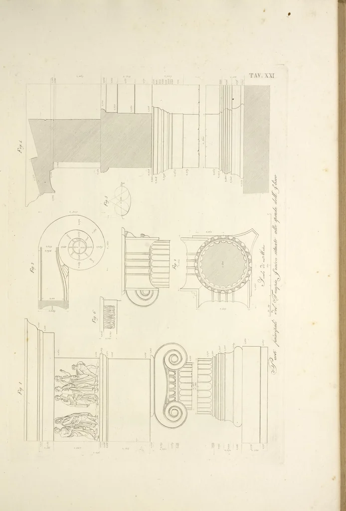 An illustration from L'architettura antica descritta e dimostrata coi monumenti ... : opera divisa in tre sezioni risguardanti la storia, la teorica, e le pratiche dell' architettura egiziana, greca e romana, 1830, leaf 60