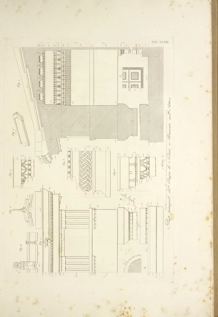 An illustration from L'architettura antica descritta e dimostrata coi monumenti ... : opera divisa in tre sezioni risguardanti la storia, la teorica, e le pratiche dell' architettura egiziana, greca e romana, 1830, leaf 74