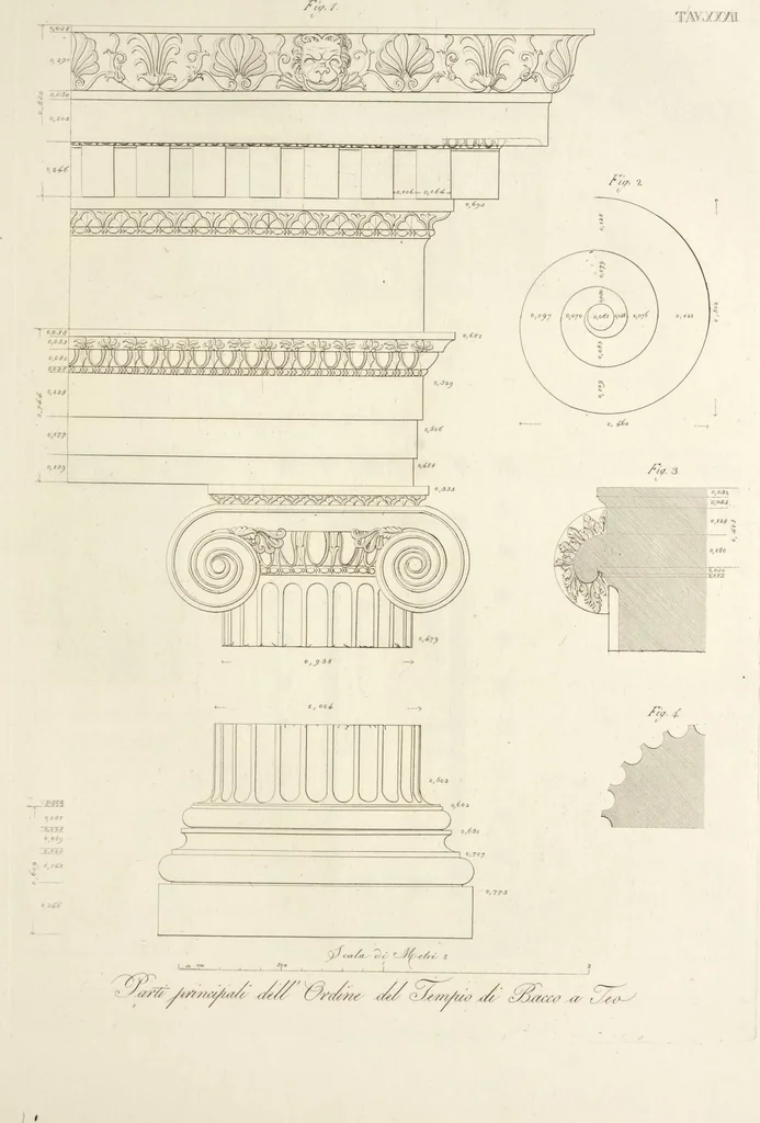 An illustration from L'architettura antica descritta e dimostrata coi monumenti ... : opera divisa in tre sezioni risguardanti la storia, la teorica, e le pratiche dell' architettura egiziana, greca e romana, 1830, leaf 82