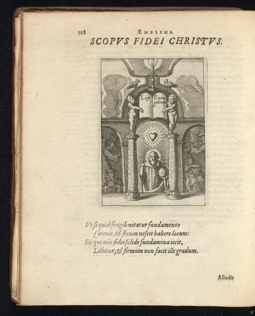 An illustration from Viridarium hieroglyphico-morale : in quo virtutes et vitia atqve mores huius aevi secundum tres ordines hierarchicos -- ecclesiasticum, politicum, oeconomicum ... explicantur : & non tantum dictis & exemplis historiarum veterum ac recentium, ex sacris scripturis, sanctis patribus, seu dd. Ecclesiae, poetis, philosophis, historicis cum christianorum tum gentilium, sed etiam artificiosissimis eiconibus hieroglyphicis illustrantur ..., 1619, leaf 119