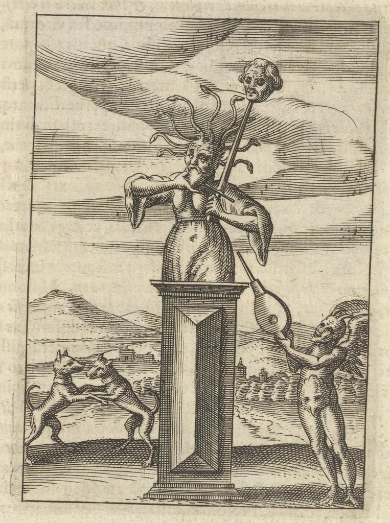 An illustration from Viridarium hieroglyphico-morale : in quo virtutes et vitia atqve mores huius aevi secundum tres ordines hierarchicos -- ecclesiasticum, politicum, oeconomicum ... explicantur : & non tantum dictis & exemplis historiarum veterum ac recentium, ex sacris scripturis, sanctis patribus, seu dd. Ecclesiae, poetis, philosophis, historicis cum christianorum tum gentilium, sed etiam artificiosissimis eiconibus hieroglyphicis illustrantur ..., 1619, leaf 141