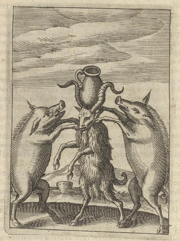 An illustration from Viridarium hieroglyphico-morale : in quo virtutes et vitia atqve mores huius aevi secundum tres ordines hierarchicos -- ecclesiasticum, politicum, oeconomicum ... explicantur : & non tantum dictis & exemplis historiarum veterum ac recentium, ex sacris scripturis, sanctis patribus, seu dd. Ecclesiae, poetis, philosophis, historicis cum christianorum tum gentilium, sed etiam artificiosissimis eiconibus hieroglyphicis illustrantur ..., 1619, leaf 159
