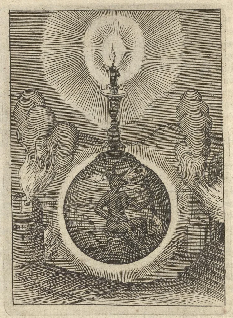 An illustration from Viridarium hieroglyphico-morale : in quo virtutes et vitia atqve mores huius aevi secundum tres ordines hierarchicos -- ecclesiasticum, politicum, oeconomicum ... explicantur : & non tantum dictis & exemplis historiarum veterum ac recentium, ex sacris scripturis, sanctis patribus, seu dd. Ecclesiae, poetis, philosophis, historicis cum christianorum tum gentilium, sed etiam artificiosissimis eiconibus hieroglyphicis illustrantur ..., 1619, leaf 161