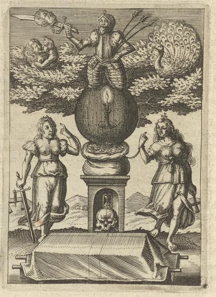 An illustration from Viridarium hieroglyphico-morale : in quo virtutes et vitia atqve mores huius aevi secundum tres ordines hierarchicos -- ecclesiasticum, politicum, oeconomicum ... explicantur : & non tantum dictis & exemplis historiarum veterum ac recentium, ex sacris scripturis, sanctis patribus, seu dd. Ecclesiae, poetis, philosophis, historicis cum christianorum tum gentilium, sed etiam artificiosissimis eiconibus hieroglyphicis illustrantur ..., 1619, leaf 19