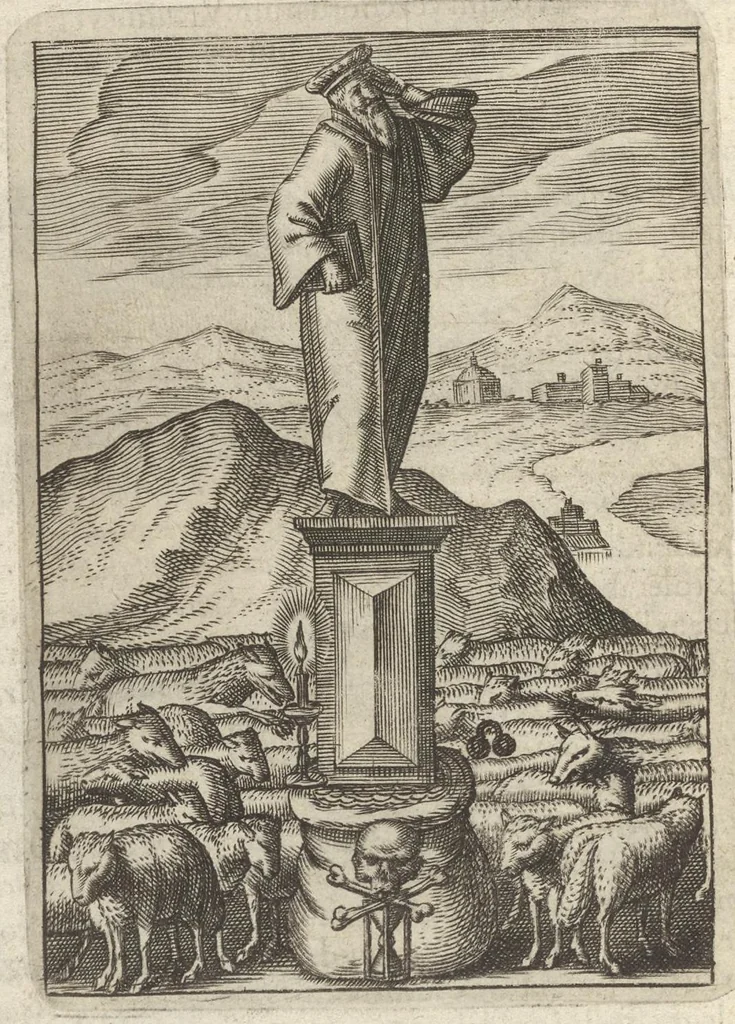 An illustration from Viridarium hieroglyphico-morale : in quo virtutes et vitia atqve mores huius aevi secundum tres ordines hierarchicos -- ecclesiasticum, politicum, oeconomicum ... explicantur : & non tantum dictis & exemplis historiarum veterum ac recentium, ex sacris scripturis, sanctis patribus, seu dd. Ecclesiae, poetis, philosophis, historicis cum christianorum tum gentilium, sed etiam artificiosissimis eiconibus hieroglyphicis illustrantur ..., 1619, leaf 37