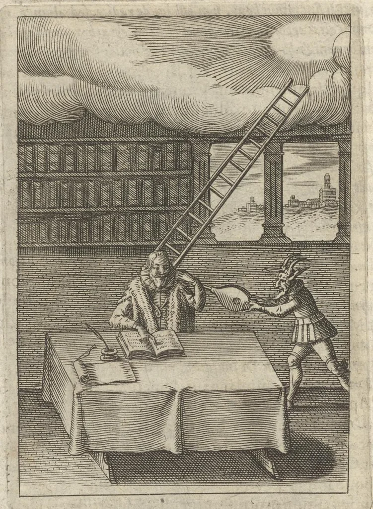 An illustration from Viridarium hieroglyphico-morale : in quo virtutes et vitia atqve mores huius aevi secundum tres ordines hierarchicos -- ecclesiasticum, politicum, oeconomicum ... explicantur : & non tantum dictis & exemplis historiarum veterum ac recentium, ex sacris scripturis, sanctis patribus, seu dd. Ecclesiae, poetis, philosophis, historicis cum christianorum tum gentilium, sed etiam artificiosissimis eiconibus hieroglyphicis illustrantur ..., 1619, leaf 43
