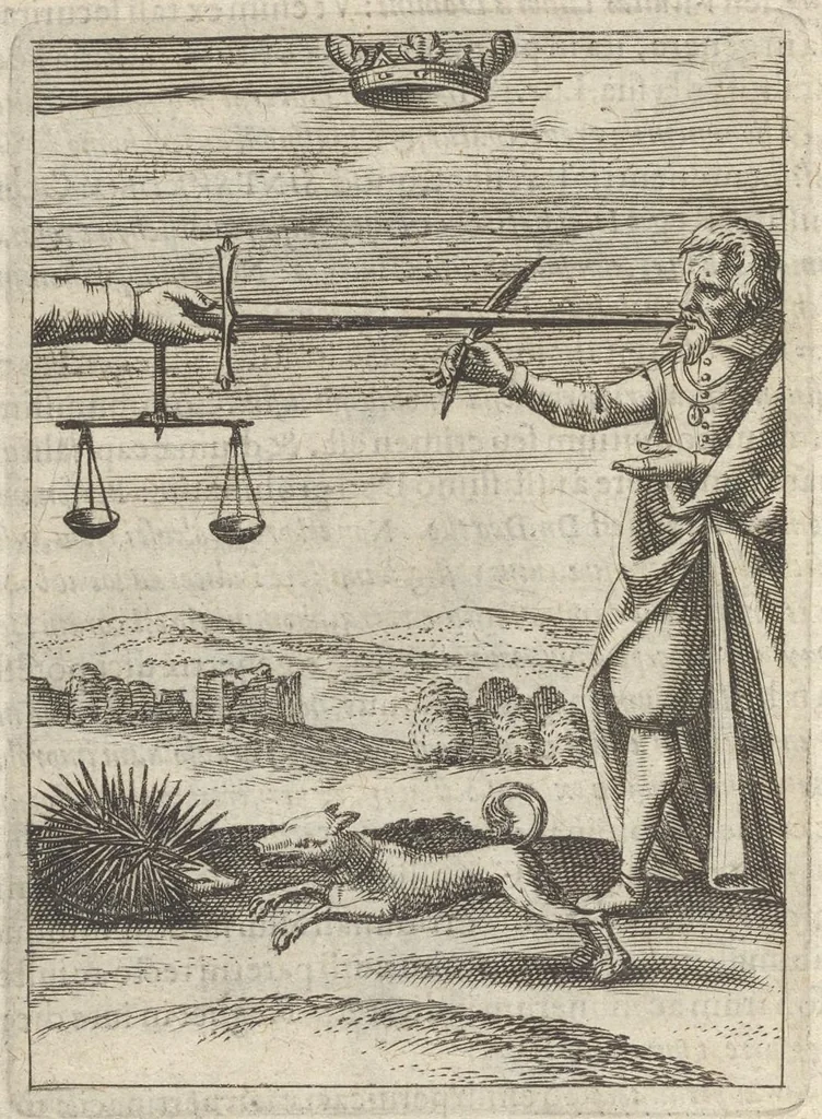 An illustration from Viridarium hieroglyphico-morale : in quo virtutes et vitia atqve mores huius aevi secundum tres ordines hierarchicos -- ecclesiasticum, politicum, oeconomicum ... explicantur : & non tantum dictis & exemplis historiarum veterum ac recentium, ex sacris scripturis, sanctis patribus, seu dd. Ecclesiae, poetis, philosophis, historicis cum christianorum tum gentilium, sed etiam artificiosissimis eiconibus hieroglyphicis illustrantur ..., 1619, leaf 55