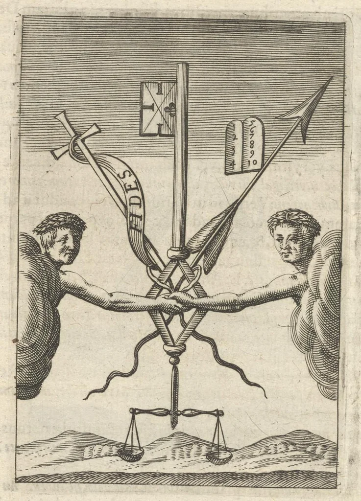 An illustration from Viridarium hieroglyphico-morale : in quo virtutes et vitia atqve mores huius aevi secundum tres ordines hierarchicos -- ecclesiasticum, politicum, oeconomicum ... explicantur : & non tantum dictis & exemplis historiarum veterum ac recentium, ex sacris scripturis, sanctis patribus, seu dd. Ecclesiae, poetis, philosophis, historicis cum christianorum tum gentilium, sed etiam artificiosissimis eiconibus hieroglyphicis illustrantur ..., 1619, leaf 65