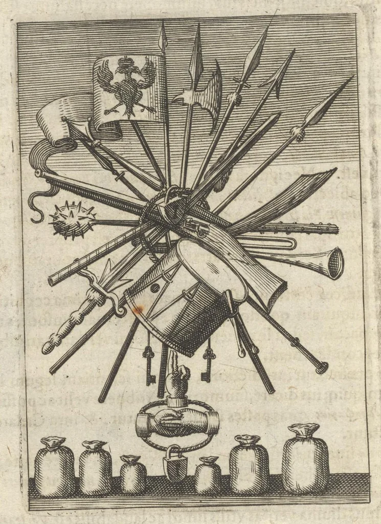 An illustration from Viridarium hieroglyphico-morale : in quo virtutes et vitia atqve mores huius aevi secundum tres ordines hierarchicos -- ecclesiasticum, politicum, oeconomicum ... explicantur : & non tantum dictis & exemplis historiarum veterum ac recentium, ex sacris scripturis, sanctis patribus, seu dd. Ecclesiae, poetis, philosophis, historicis cum christianorum tum gentilium, sed etiam artificiosissimis eiconibus hieroglyphicis illustrantur ..., 1619, leaf 67