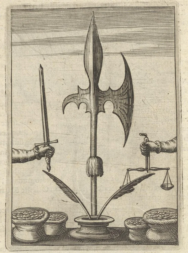 An illustration from Viridarium hieroglyphico-morale : in quo virtutes et vitia atqve mores huius aevi secundum tres ordines hierarchicos -- ecclesiasticum, politicum, oeconomicum ... explicantur : & non tantum dictis & exemplis historiarum veterum ac recentium, ex sacris scripturis, sanctis patribus, seu dd. Ecclesiae, poetis, philosophis, historicis cum christianorum tum gentilium, sed etiam artificiosissimis eiconibus hieroglyphicis illustrantur ..., 1619, leaf 69