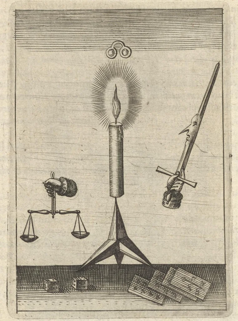 An illustration from Viridarium hieroglyphico-morale : in quo virtutes et vitia atqve mores huius aevi secundum tres ordines hierarchicos -- ecclesiasticum, politicum, oeconomicum ... explicantur : & non tantum dictis & exemplis historiarum veterum ac recentium, ex sacris scripturis, sanctis patribus, seu dd. Ecclesiae, poetis, philosophis, historicis cum christianorum tum gentilium, sed etiam artificiosissimis eiconibus hieroglyphicis illustrantur ..., 1619, leaf 73