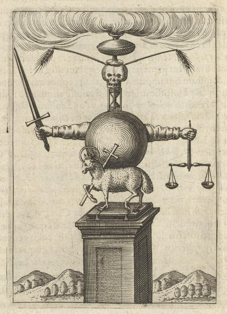 An illustration from Viridarium hieroglyphico-morale : in quo virtutes et vitia atqve mores huius aevi secundum tres ordines hierarchicos -- ecclesiasticum, politicum, oeconomicum ... explicantur : & non tantum dictis & exemplis historiarum veterum ac recentium, ex sacris scripturis, sanctis patribus, seu dd. Ecclesiae, poetis, philosophis, historicis cum christianorum tum gentilium, sed etiam artificiosissimis eiconibus hieroglyphicis illustrantur ..., 1619, leaf 75
