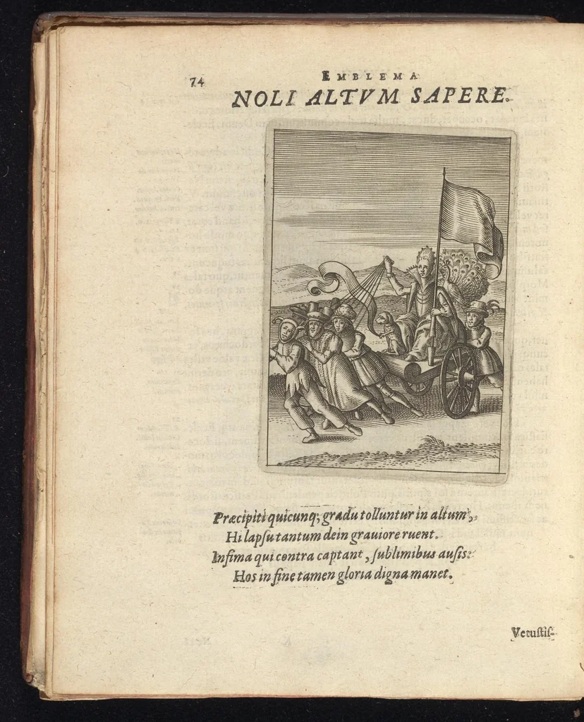 An illustration from Viridarium hieroglyphico-morale : in quo virtutes et vitia atqve mores huius aevi secundum tres ordines hierarchicos -- ecclesiasticum, politicum, oeconomicum ... explicantur : & non tantum dictis & exemplis historiarum veterum ac recentium, ex sacris scripturis, sanctis patribus, seu dd. Ecclesiae, poetis, philosophis, historicis cum christianorum tum gentilium, sed etiam artificiosissimis eiconibus hieroglyphicis illustrantur ..., 1619, leaf 85