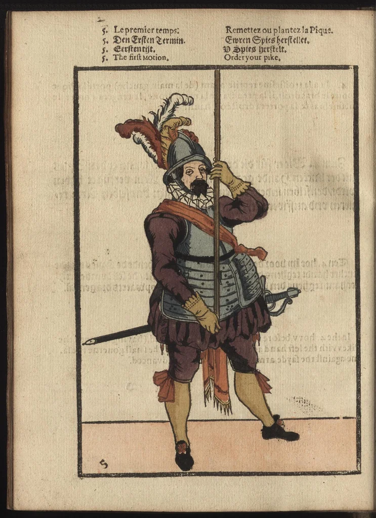An illustration from Maniement d'armes, d'arqvebvses, mousqvets, & picques : selon l'ordre de monseig. le Prince Maurice ..., 1619, leaf 109