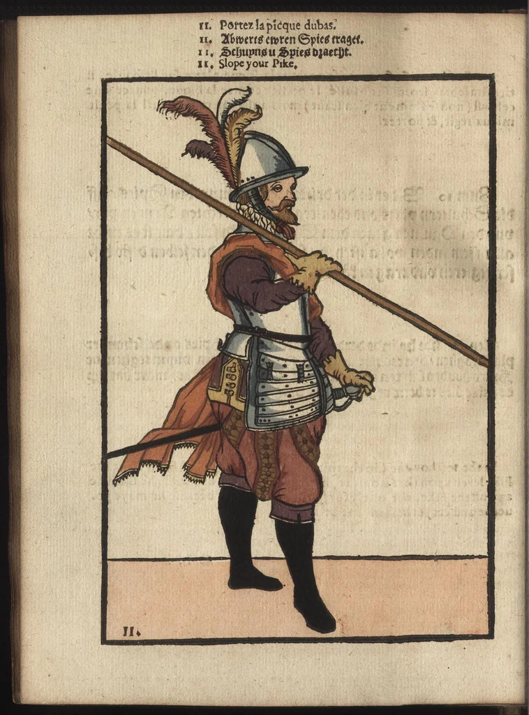 An illustration from Maniement d'armes, d'arqvebvses, mousqvets, & picques : selon l'ordre de monseig. le Prince Maurice ..., 1619, leaf 121