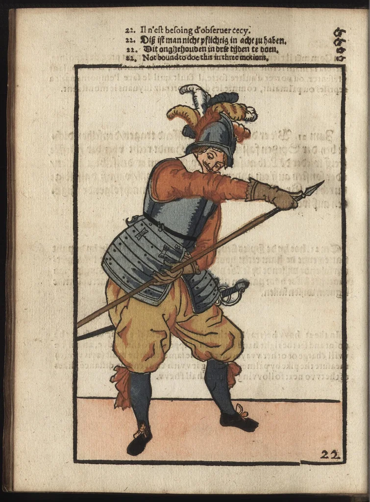 An illustration from Maniement d'armes, d'arqvebvses, mousqvets, & picques : selon l'ordre de monseig. le Prince Maurice ..., 1619, leaf 143