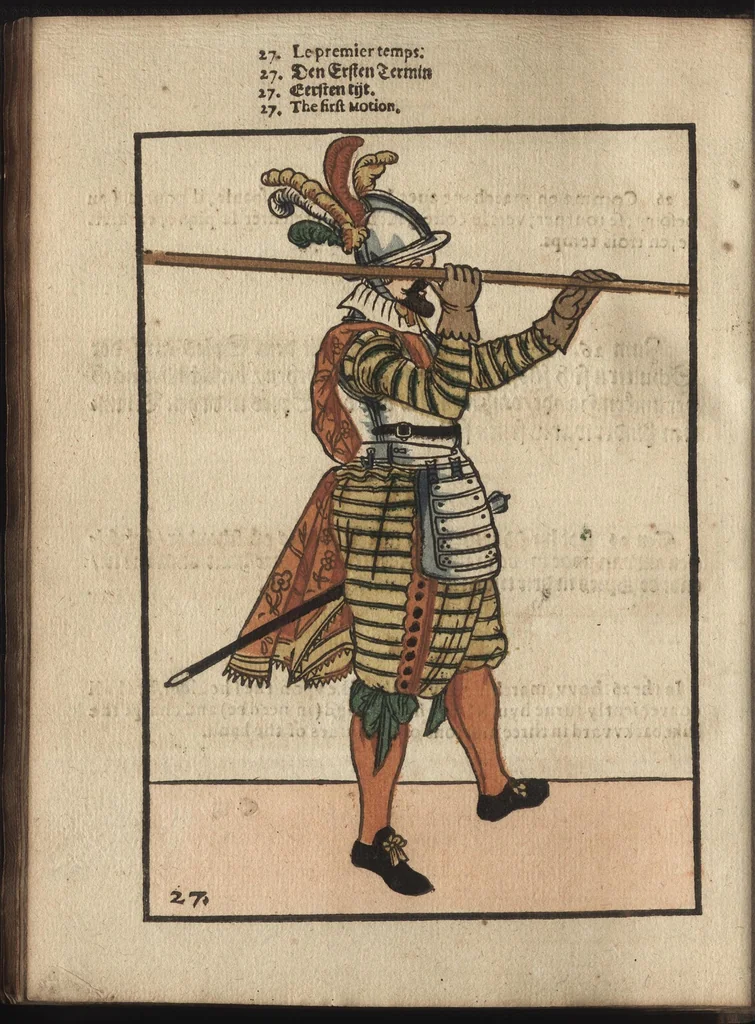 An illustration from Maniement d'armes, d'arqvebvses, mousqvets, & picques : selon l'ordre de monseig. le Prince Maurice ..., 1619, leaf 153