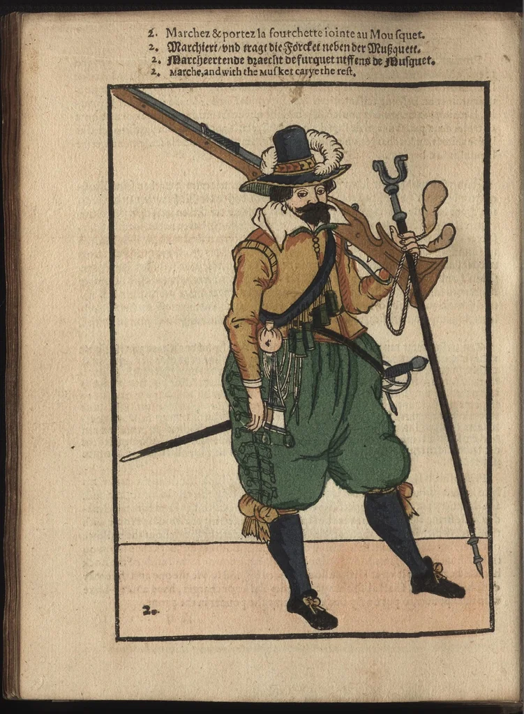 An illustration from Maniement d'armes, d'arqvebvses, mousqvets, & picques : selon l'ordre de monseig. le Prince Maurice ..., 1619, leaf 169