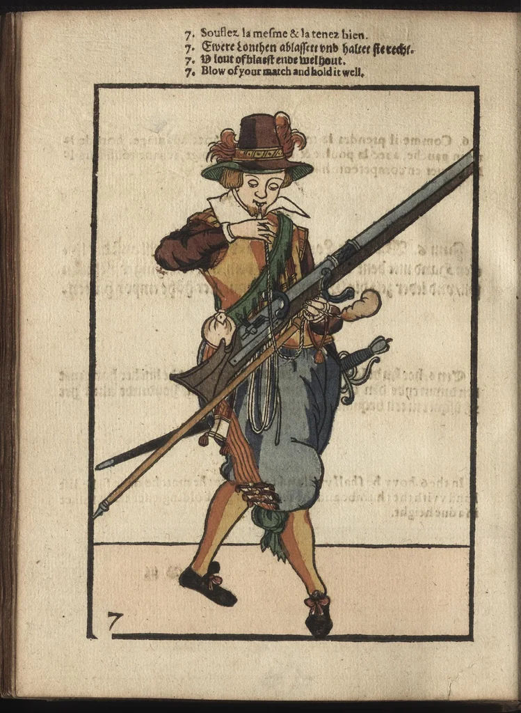 An illustration from Maniement d'armes, d'arqvebvses, mousqvets, & picques : selon l'ordre de monseig. le Prince Maurice ..., 1619, leaf 179