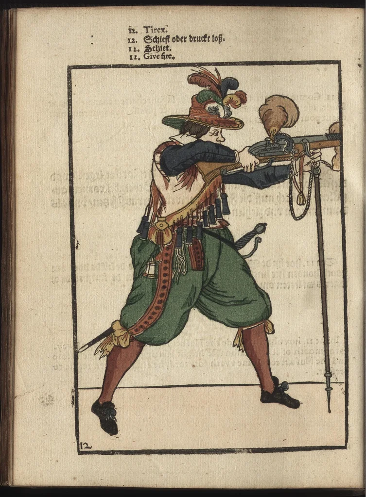 An illustration from Maniement d'armes, d'arqvebvses, mousqvets, & picques : selon l'ordre de monseig. le Prince Maurice ..., 1619, leaf 189
