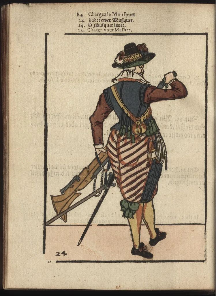 An illustration from Maniement d'armes, d'arqvebvses, mousqvets, & picques : selon l'ordre de monseig. le Prince Maurice ..., 1619, leaf 213