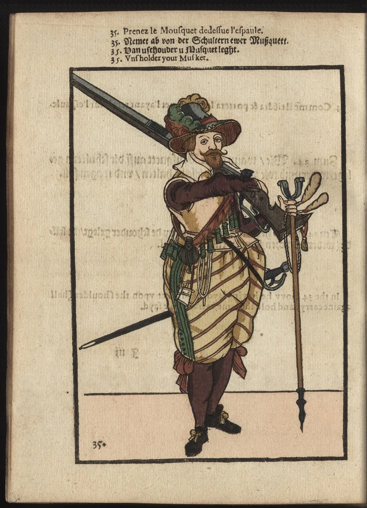 An illustration from Maniement d'armes, d'arqvebvses, mousqvets, & picques : selon l'ordre de monseig. le Prince Maurice ..., 1619, leaf 235