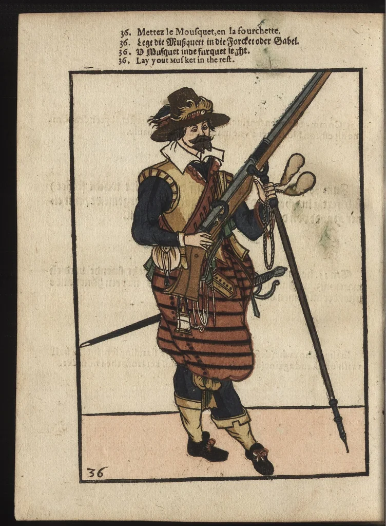 An illustration from Maniement d'armes, d'arqvebvses, mousqvets, & picques : selon l'ordre de monseig. le Prince Maurice ..., 1619, leaf 237