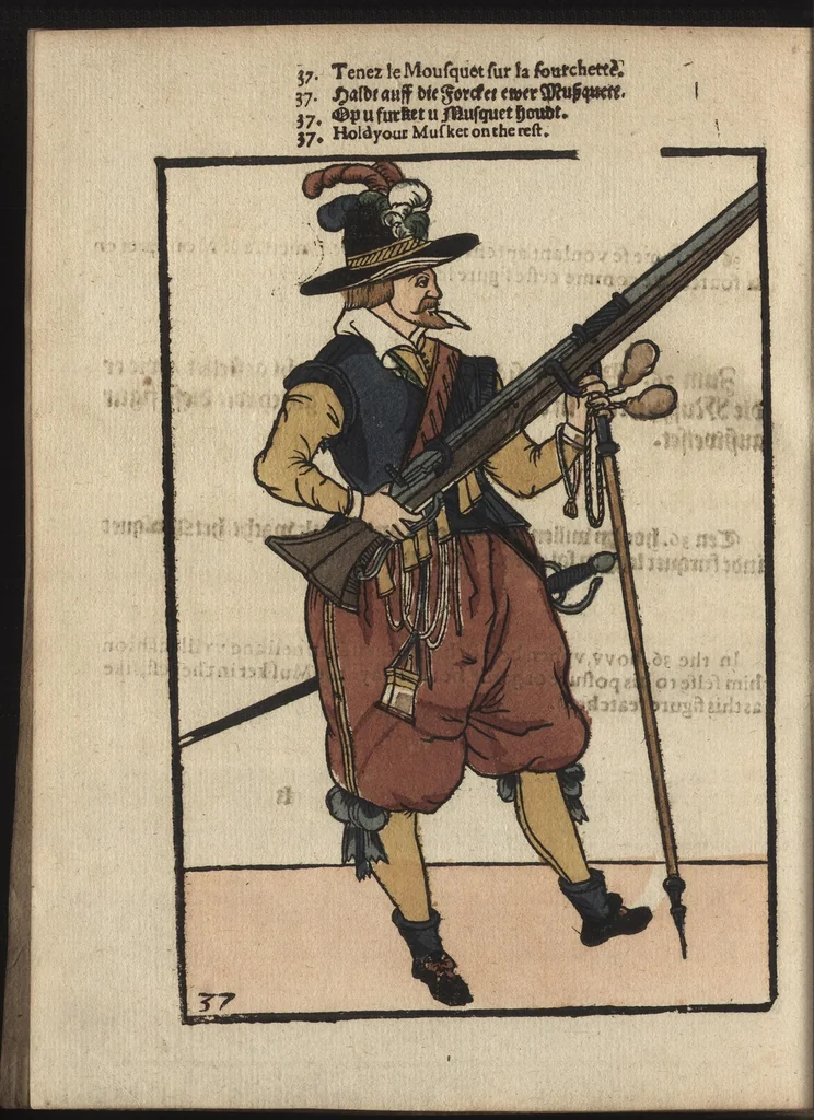 An illustration from Maniement d'armes, d'arqvebvses, mousqvets, & picques : selon l'ordre de monseig. le Prince Maurice ..., 1619, leaf 239