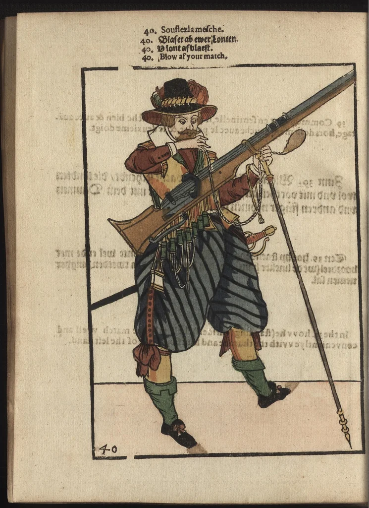 An illustration from Maniement d'armes, d'arqvebvses, mousqvets, & picques : selon l'ordre de monseig. le Prince Maurice ..., 1619, leaf 245