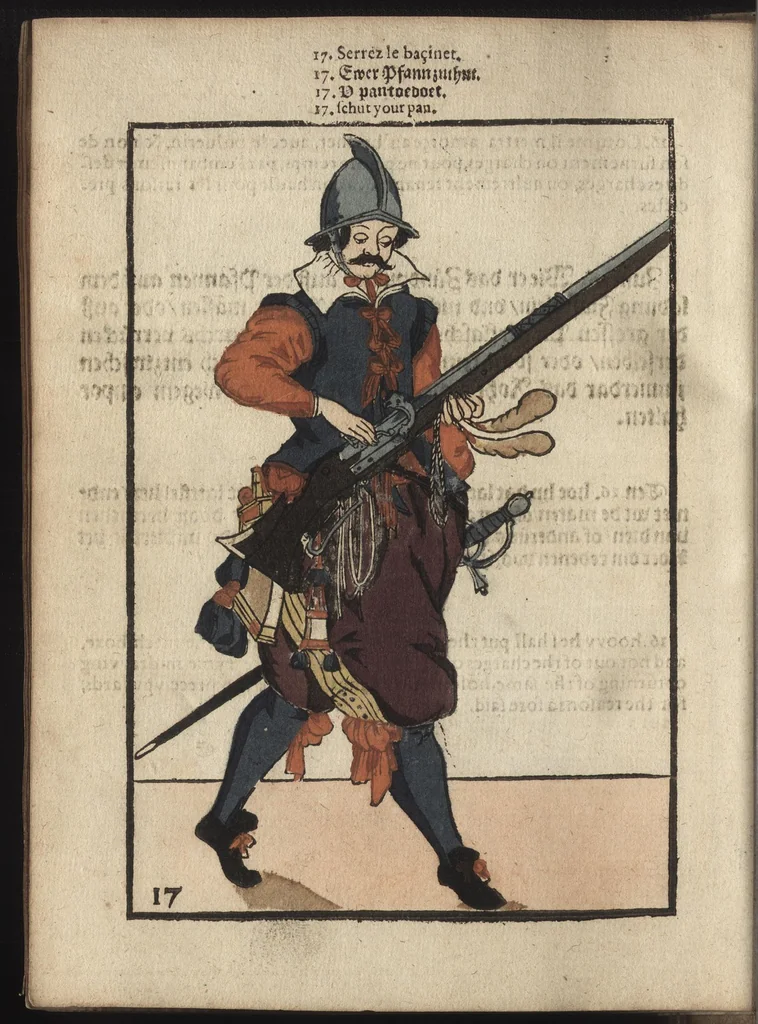 An illustration from Maniement d'armes, d'arqvebvses, mousqvets, & picques : selon l'ordre de monseig. le Prince Maurice ..., 1619, leaf 45