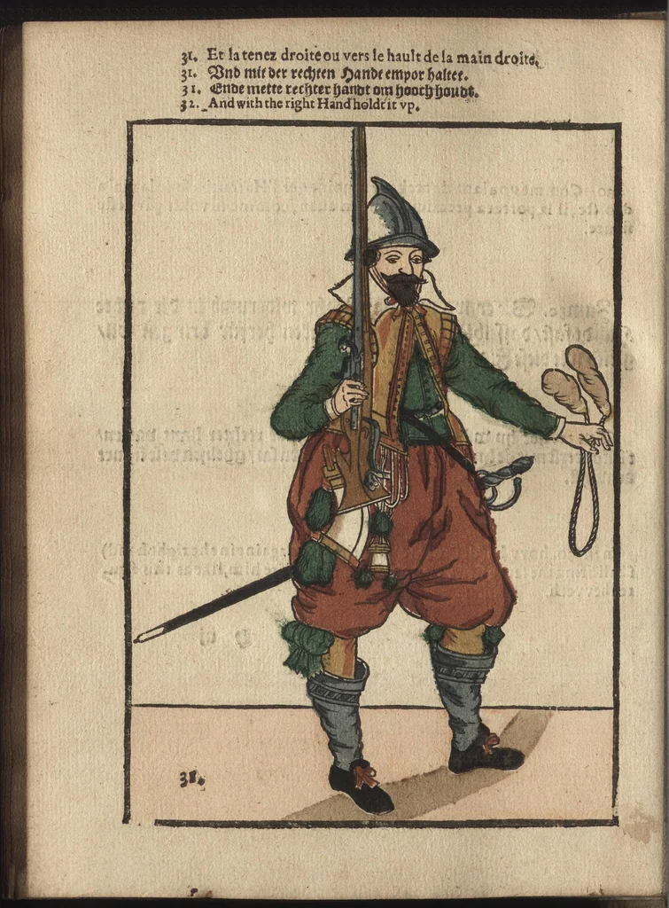 An illustration from Maniement d'armes, d'arqvebvses, mousqvets, & picques : selon l'ordre de monseig. le Prince Maurice ..., 1619, leaf 73