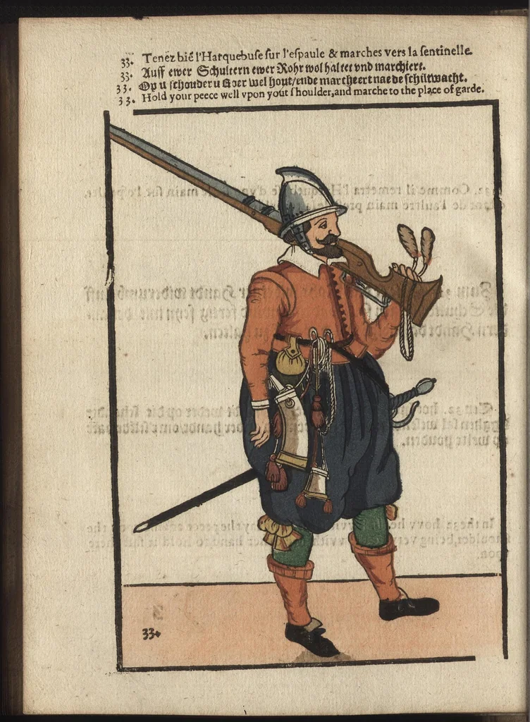 An illustration from Maniement d'armes, d'arqvebvses, mousqvets, & picques : selon l'ordre de monseig. le Prince Maurice ..., 1619, leaf 77