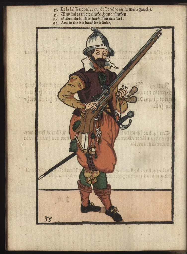 An illustration from Maniement d'armes, d'arqvebvses, mousqvets, & picques : selon l'ordre de monseig. le Prince Maurice ..., 1619, leaf 81